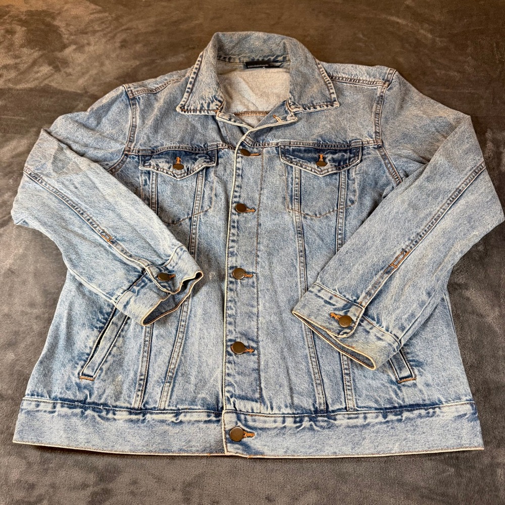 AC/DC Graphic Denim Jean Jacket Womens Large Light Wash Rock Band Music Blue